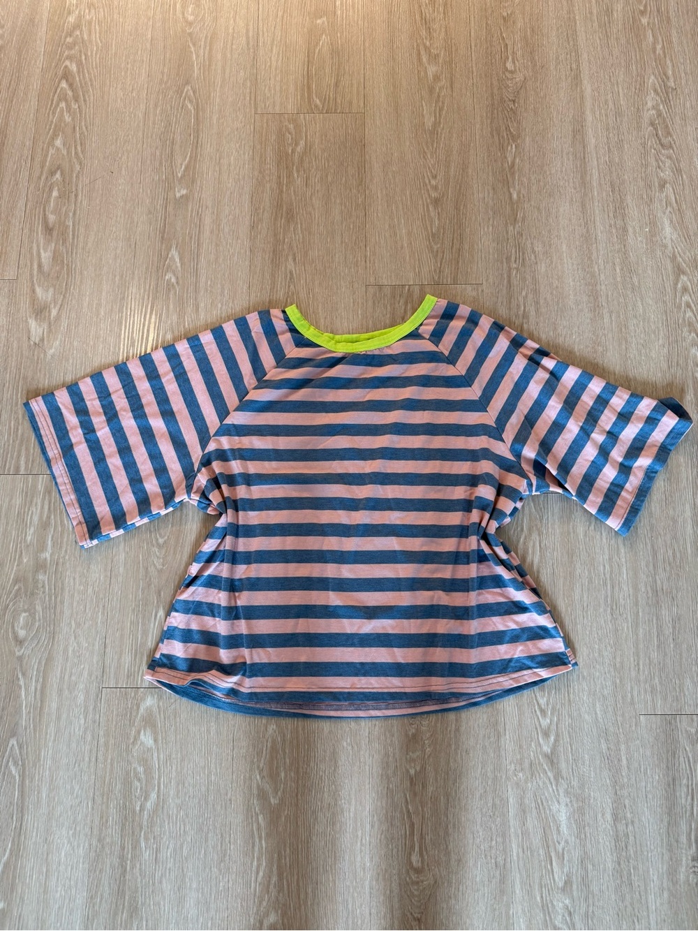 Striped Pink and Blue Short Sleeve Tee with Lime Neck